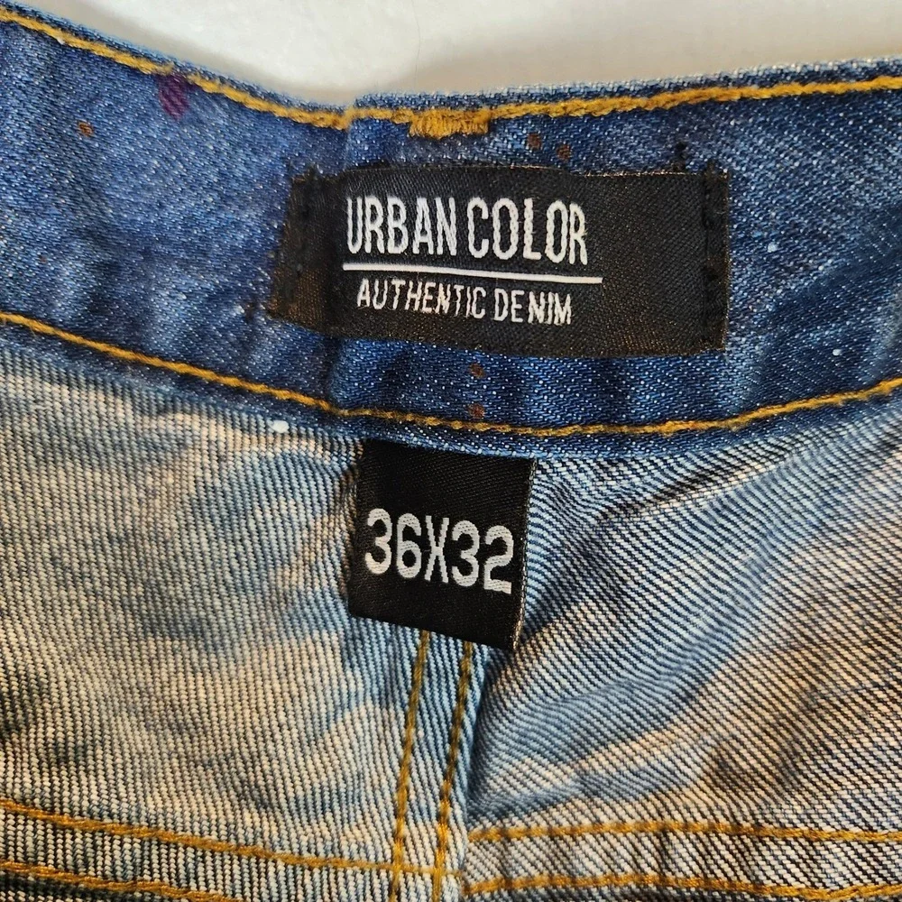 Urban Color Jeans Paint Splatter Distressed‎ Blue Denim Streetwear 36x32